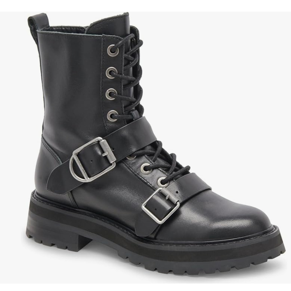 Dolce Vita Black Leather Ronson Lace Up Buckle Lug Sole Boots 7.5